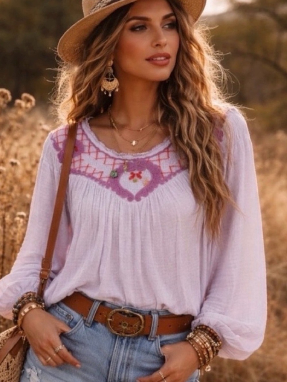 Free People Begonia Embroidered Boho Long-Sleeve - Lavender